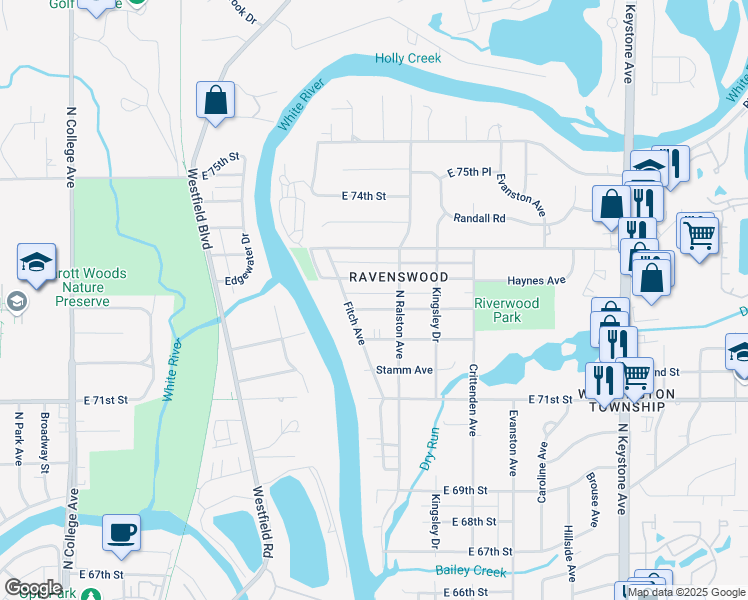 map of restaurants, bars, coffee shops, grocery stores, and more near 1530 Haynes Ave in Indianapolis