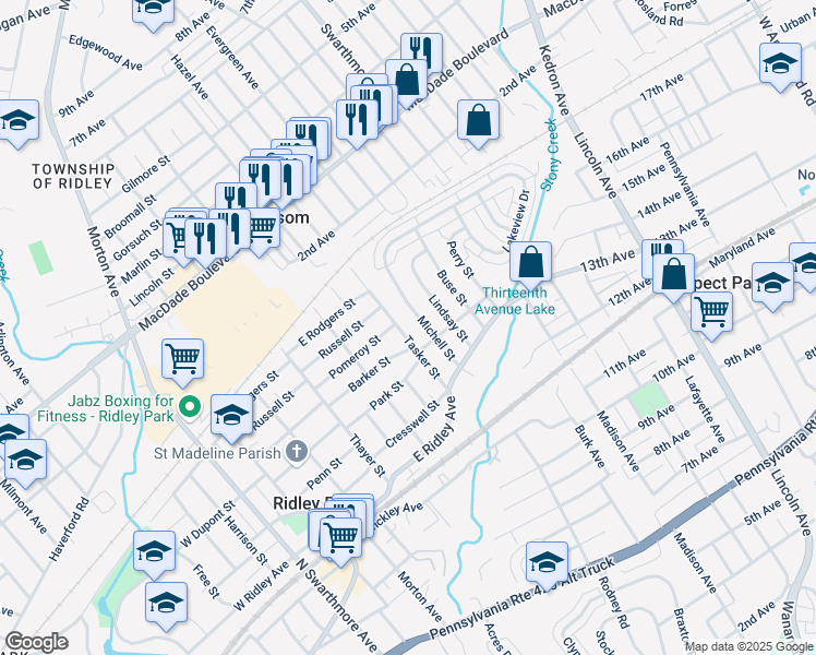 map of restaurants, bars, coffee shops, grocery stores, and more near 402 Michell Street in Ridley Park