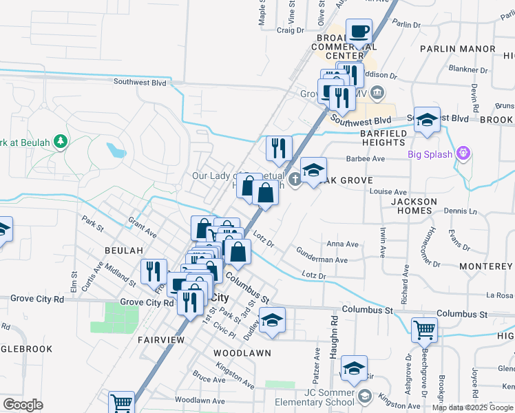 map of restaurants, bars, coffee shops, grocery stores, and more near 3797 Harrisburg Pike in Grove City