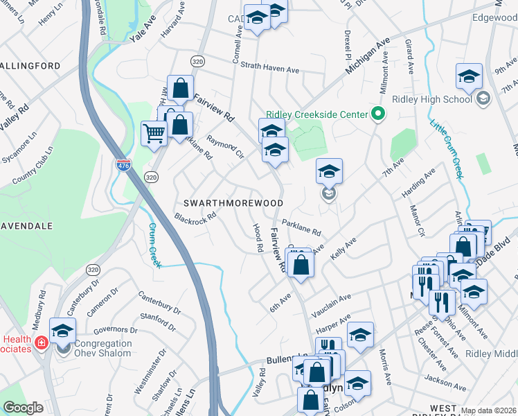 map of restaurants, bars, coffee shops, grocery stores, and more near 1309 Parklane Road in Swarthmore