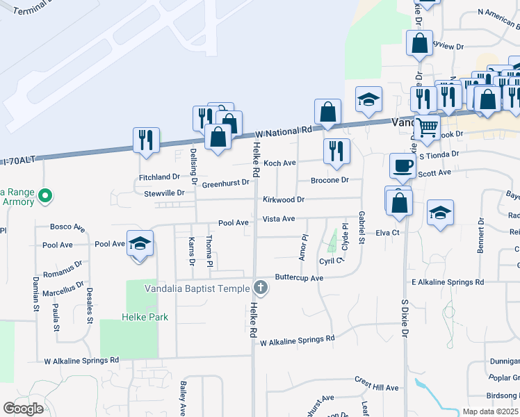 map of restaurants, bars, coffee shops, grocery stores, and more near 314 Helke Road in Vandalia