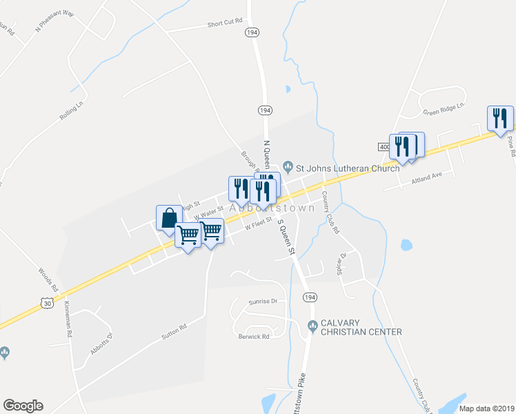 map of restaurants, bars, coffee shops, grocery stores, and more near 25 West King Street in Abbottstown