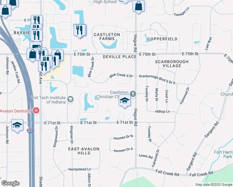 map of restaurants, bars, coffee shops, grocery stores, and more near 7525 Redcliff Road in Indianapolis