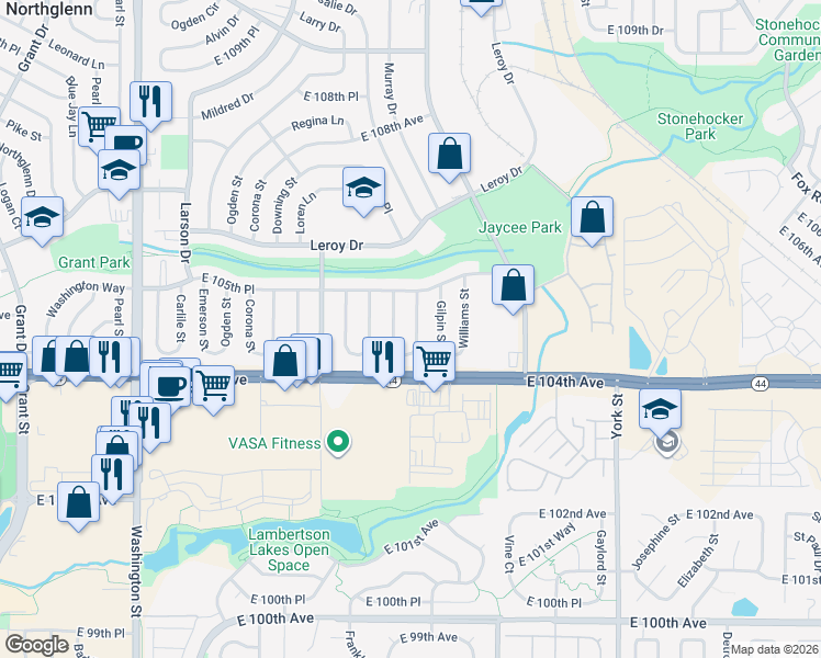 map of restaurants, bars, coffee shops, grocery stores, and more near 10473 Franklin Street in Northglenn