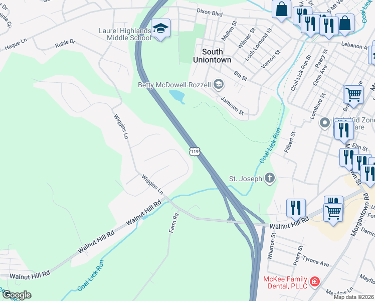 map of restaurants, bars, coffee shops, grocery stores, and more near R Southwood Drive in Uniontown