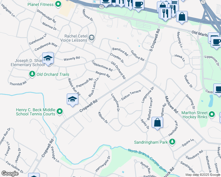 map of restaurants, bars, coffee shops, grocery stores, and more near 1 Jordan Court in Cherry Hill Township