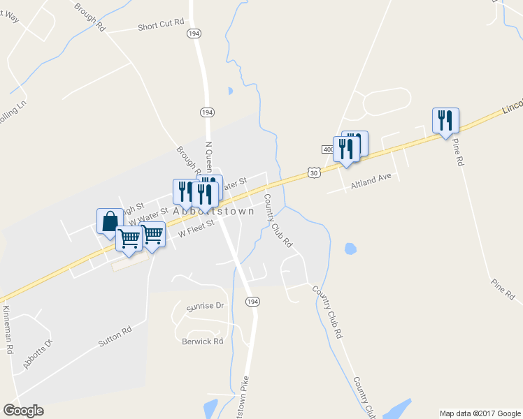 map of restaurants, bars, coffee shops, grocery stores, and more near 167 East Fleet Street in Abbottstown