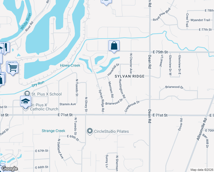map of restaurants, bars, coffee shops, grocery stores, and more near 7254 Merriam Road in Indianapolis