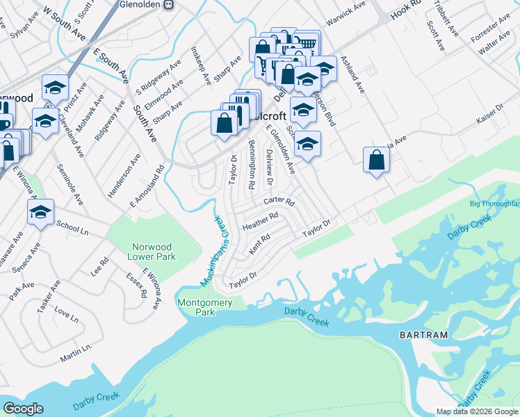 map of restaurants, bars, coffee shops, grocery stores, and more near 2056 Heather Road in Folcroft