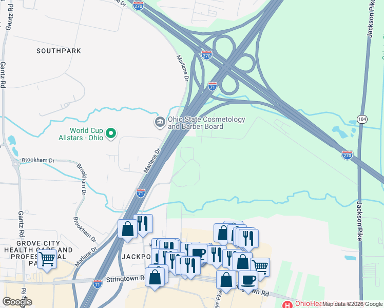 map of restaurants, bars, coffee shops, grocery stores, and more near 1391 Gateway Lakes Drive North in Grove City