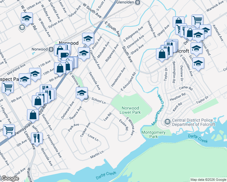 map of restaurants, bars, coffee shops, grocery stores, and more near 287 East Winona Avenue in Norwood