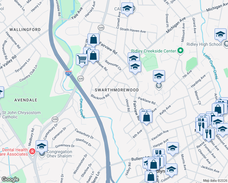 map of restaurants, bars, coffee shops, grocery stores, and more near 1432 Blackrock Road in Swarthmore