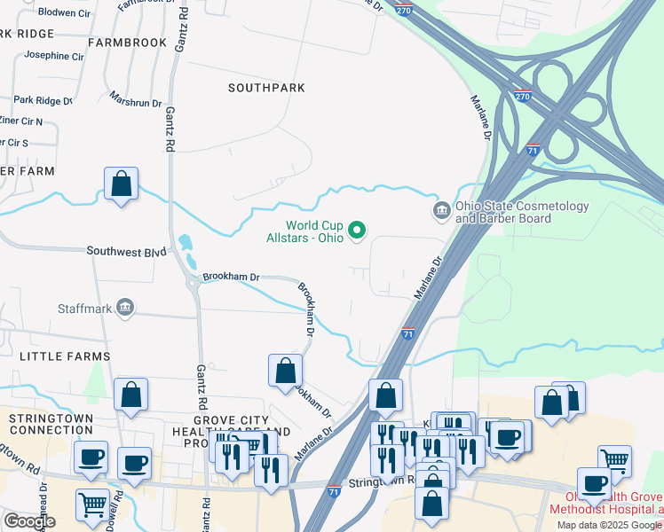 map of restaurants, bars, coffee shops, grocery stores, and more near 3750 Brookham Drive in Grove City