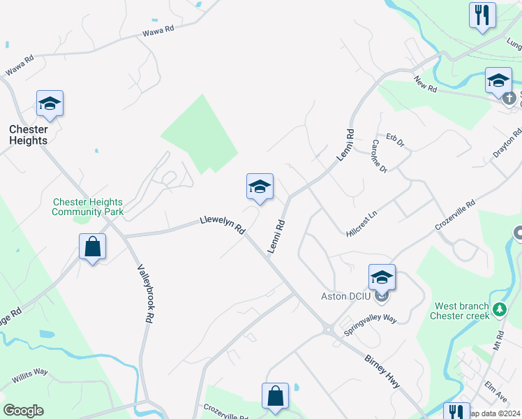 map of restaurants, bars, coffee shops, grocery stores, and more near 320 Llewelyn Road in Chester Heights