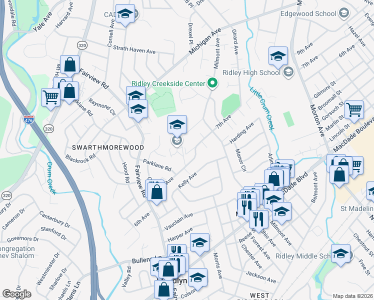 map of restaurants, bars, coffee shops, grocery stores, and more near 665 Schoolside Lane in Swarthmore