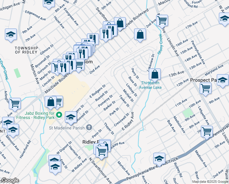 map of restaurants, bars, coffee shops, grocery stores, and more near 500 Tasker Street in Ridley Park