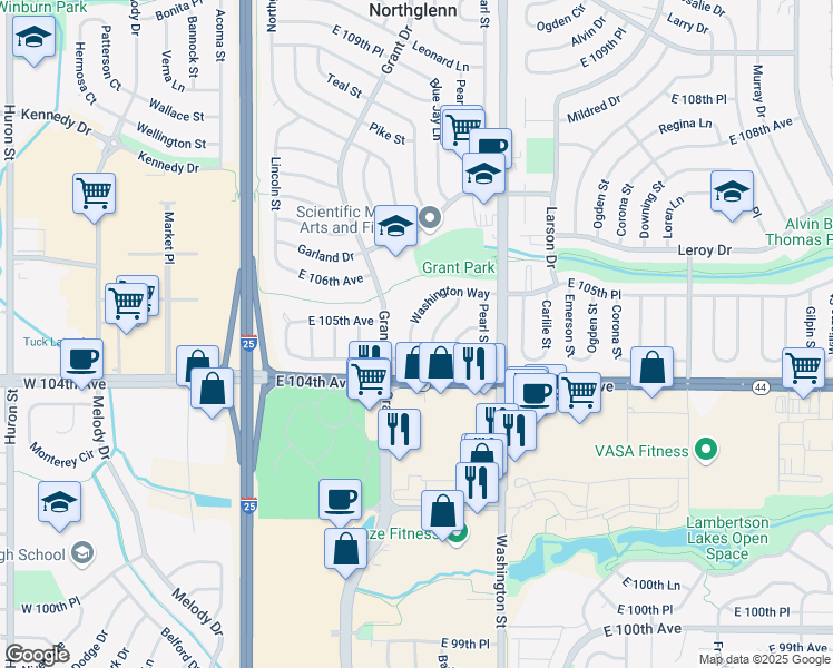 map of restaurants, bars, coffee shops, grocery stores, and more near 10461 Pennsylvania Street in Northglenn