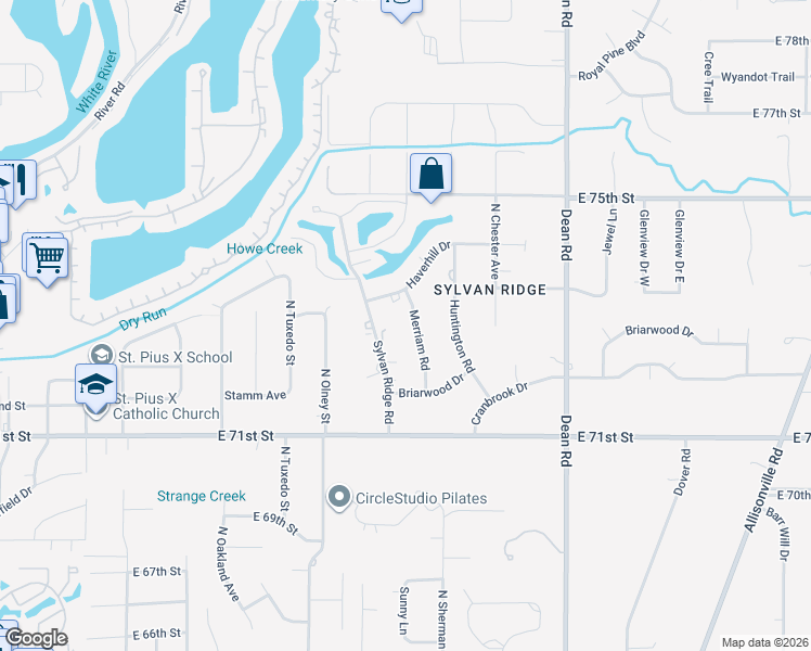 map of restaurants, bars, coffee shops, grocery stores, and more near 7254 Merriam Road in Indianapolis