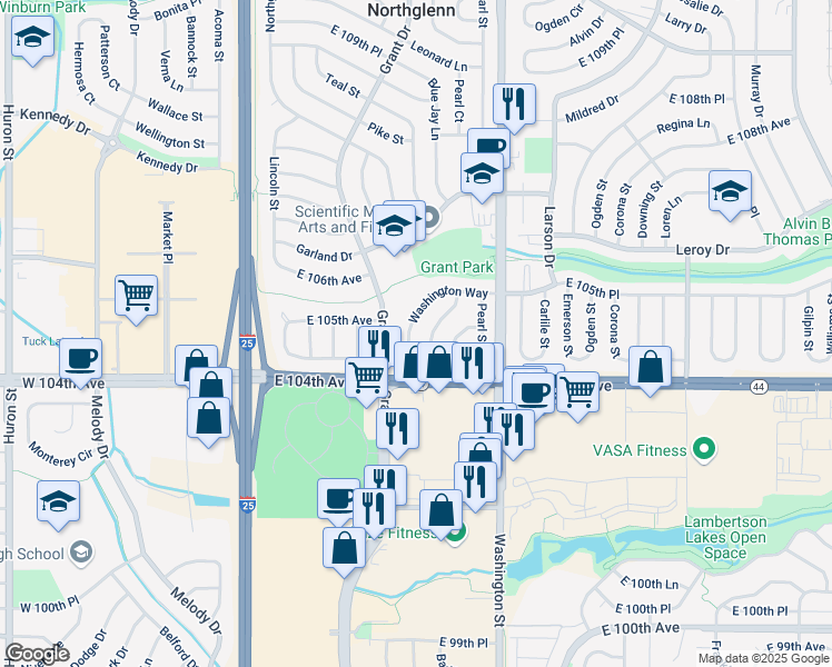 map of restaurants, bars, coffee shops, grocery stores, and more near 10461 Pennsylvania Street in Northglenn