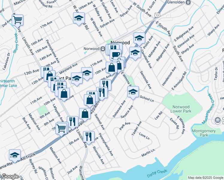 map of restaurants, bars, coffee shops, grocery stores, and more near 11 Huron Avenue in Norwood
