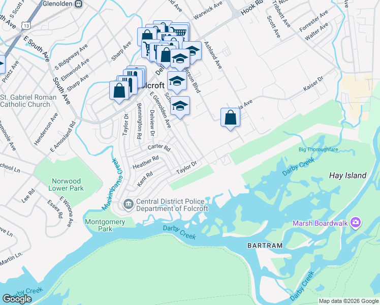 map of restaurants, bars, coffee shops, grocery stores, and more near 983 Grant Road in Folcroft