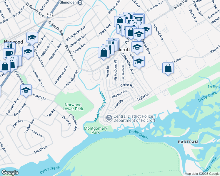 map of restaurants, bars, coffee shops, grocery stores, and more near 2022 Carter Road in Folcroft