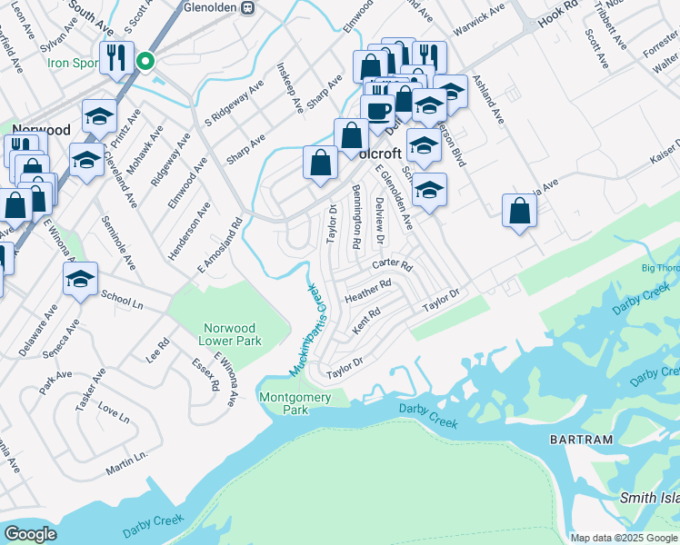 map of restaurants, bars, coffee shops, grocery stores, and more near 2022 Carter Road in Folcroft