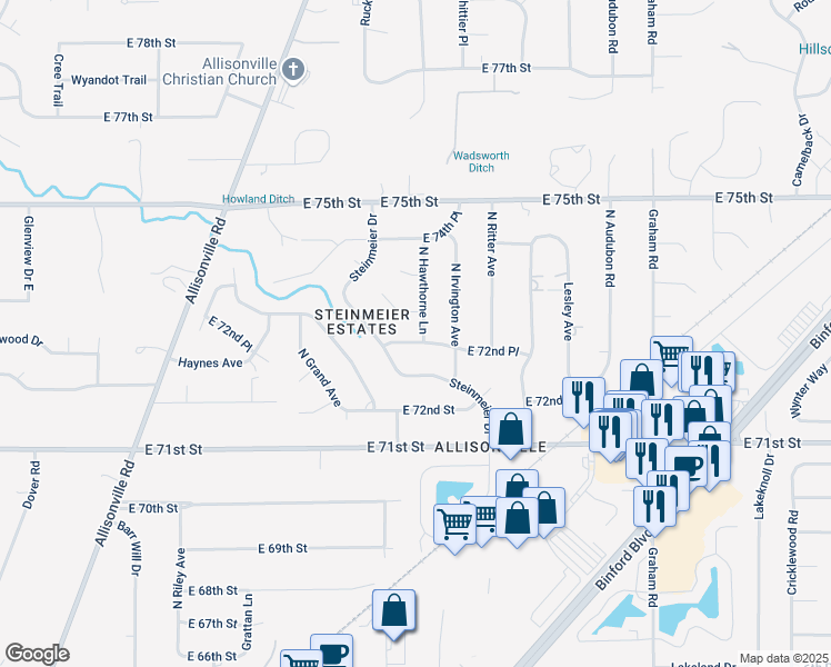 map of restaurants, bars, coffee shops, grocery stores, and more near 7278 N Hawthorne Ln in Indianapolis