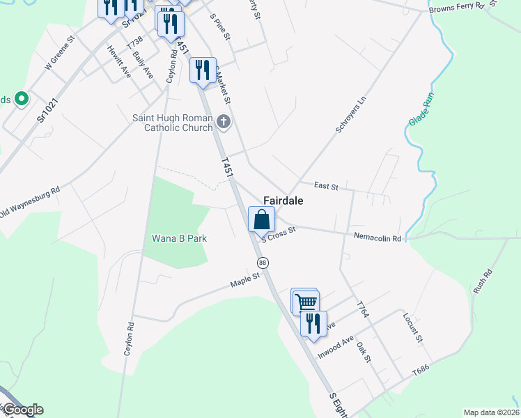 map of restaurants, bars, coffee shops, grocery stores, and more near 125 Nemacolin Road in Carmichaels