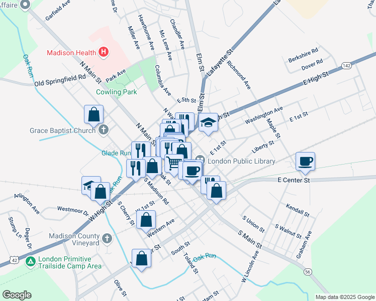 map of restaurants, bars, coffee shops, grocery stores, and more near 16 South Union Street in London