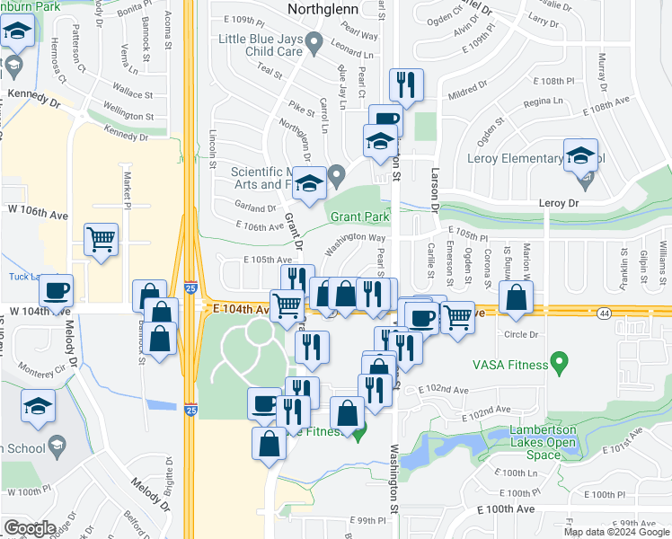 map of restaurants, bars, coffee shops, grocery stores, and more near 10461 Pennsylvania Street in Northglenn