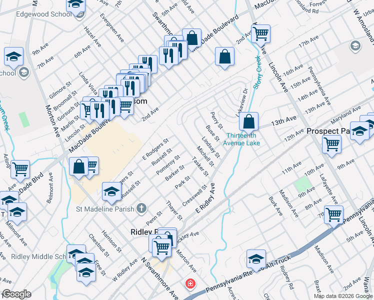 map of restaurants, bars, coffee shops, grocery stores, and more near 503 Tasker Street in Ridley Park
