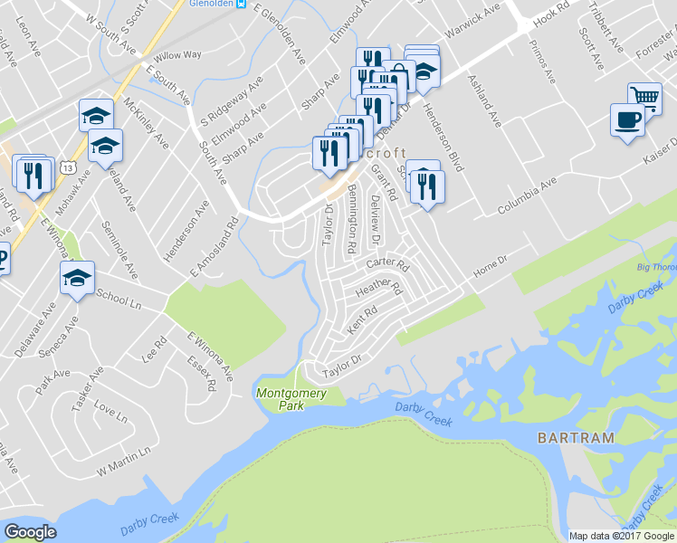 map of restaurants, bars, coffee shops, grocery stores, and more near 2018 Carter Road in Folcroft