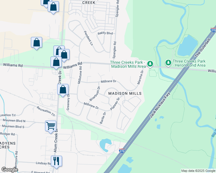 map of restaurants, bars, coffee shops, grocery stores, and more near 2716 Moonlight Ln in Columbus