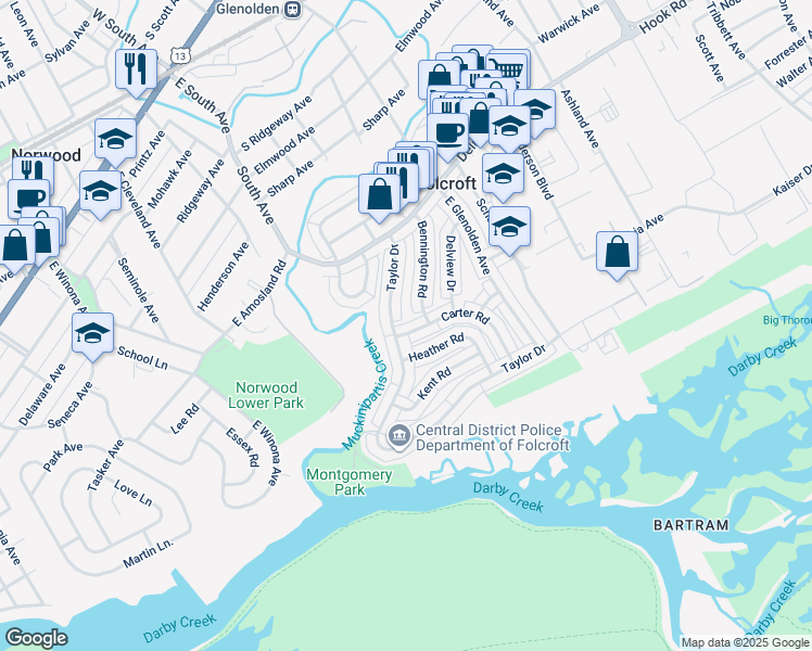 map of restaurants, bars, coffee shops, grocery stores, and more near 2018 Carter Road in Folcroft