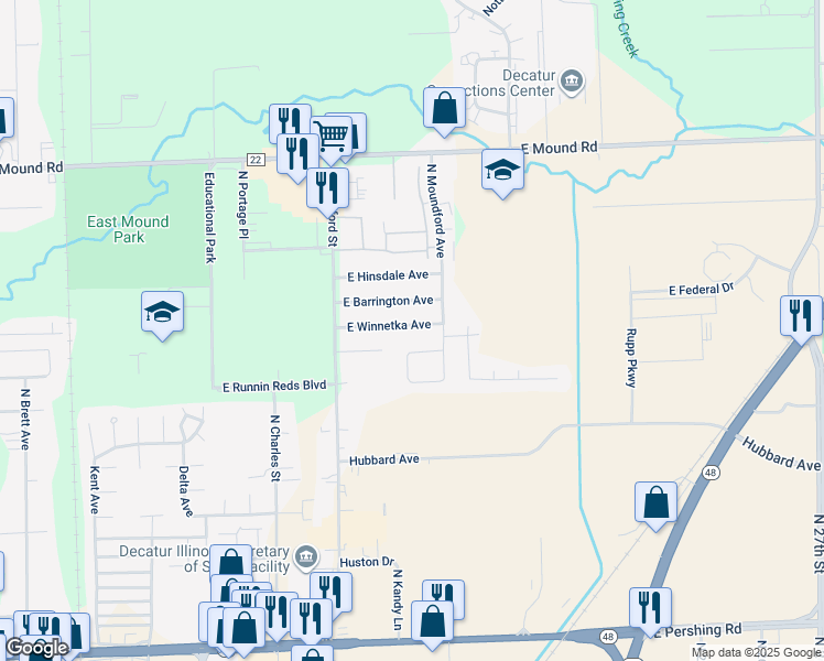 map of restaurants, bars, coffee shops, grocery stores, and more near 1721 East Winnetka Avenue in Decatur