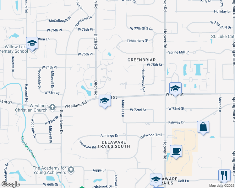 map of restaurants, bars, coffee shops, grocery stores, and more near 1230 West 73rd Street in Indianapolis