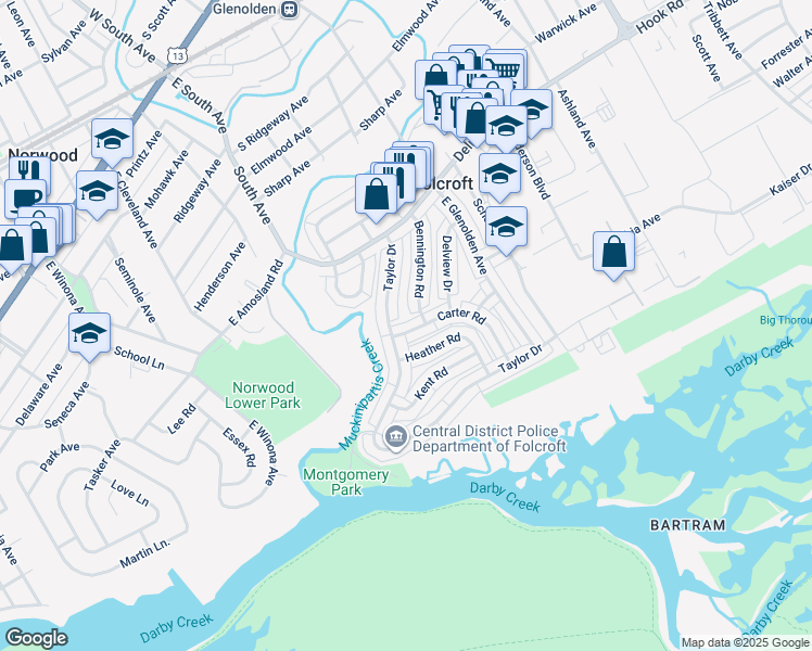 map of restaurants, bars, coffee shops, grocery stores, and more near 2014 Carter Road in Folcroft