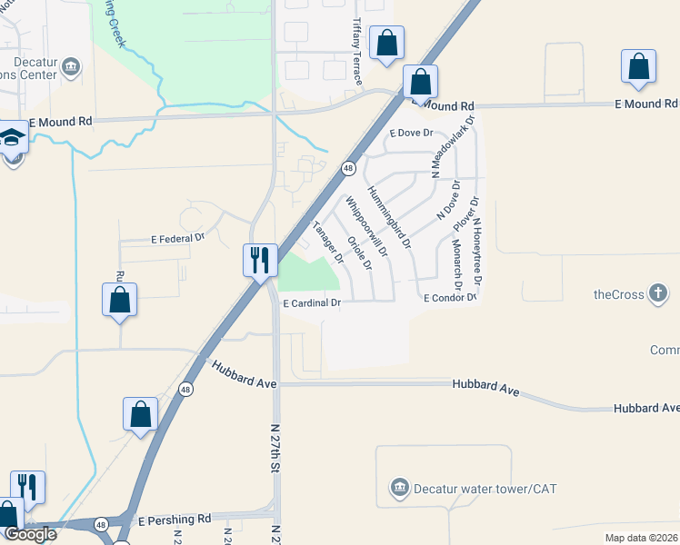 map of restaurants, bars, coffee shops, grocery stores, and more near 17 Tanager Drive in Decatur