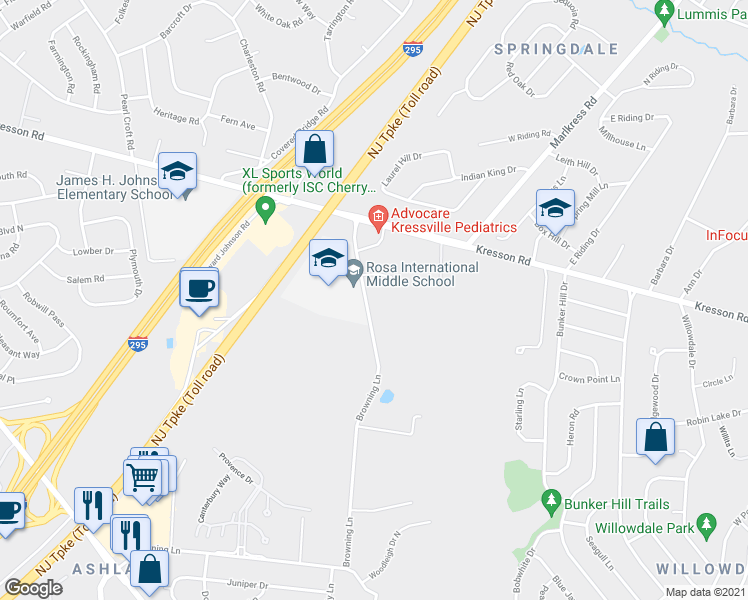 map of restaurants, bars, coffee shops, grocery stores, and more near 484 Browning Lane in Cherry Hill