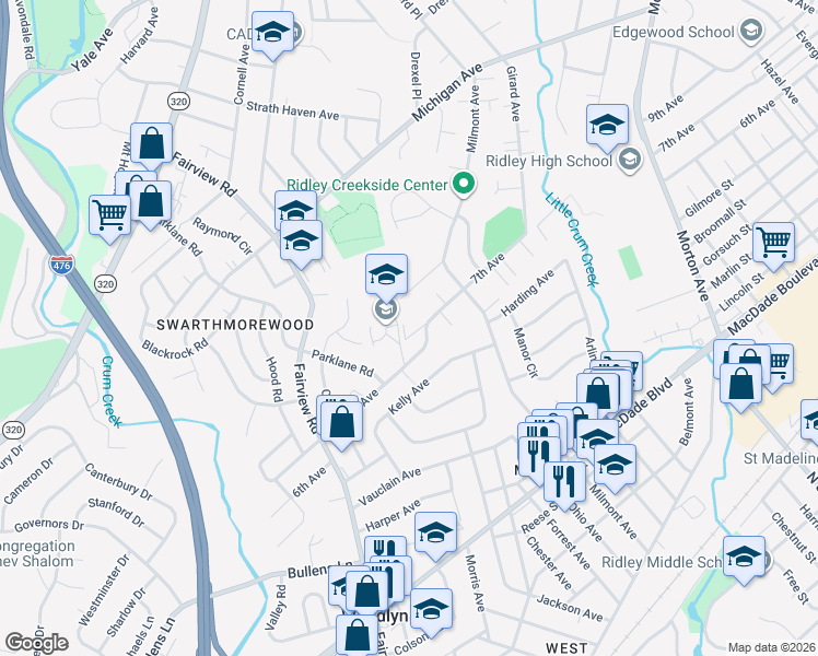 map of restaurants, bars, coffee shops, grocery stores, and more near 665 Schoolside Lane in Swarthmore