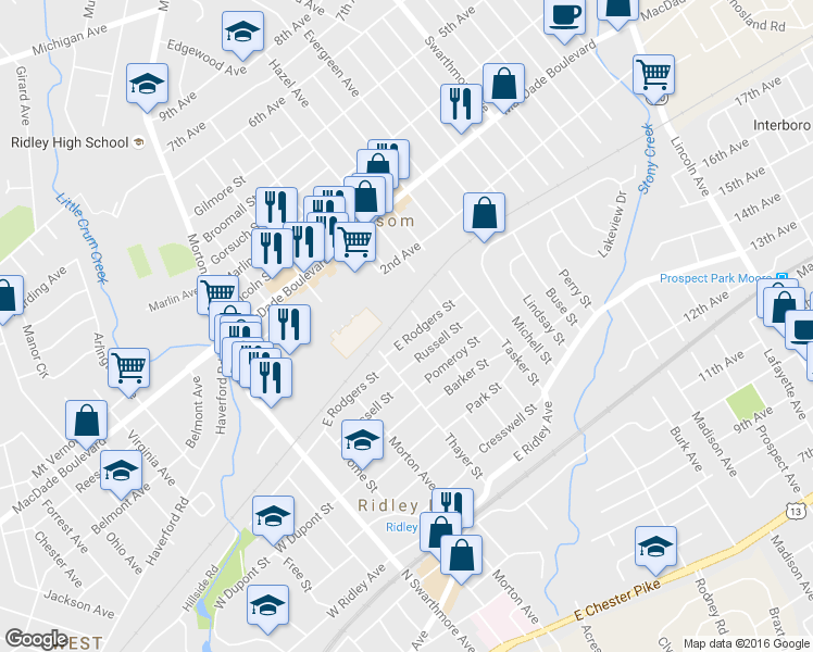 map of restaurants, bars, coffee shops, grocery stores, and more near 323 East Rodgers Street in Ridley Park