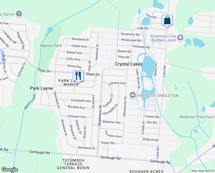 map of restaurants, bars, coffee shops, grocery stores, and more near 529 Caldwell Circle in New Carlisle