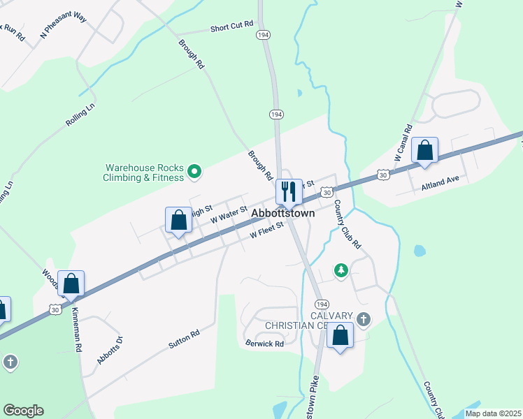 map of restaurants, bars, coffee shops, grocery stores, and more near 103 West King Street in Abbottstown