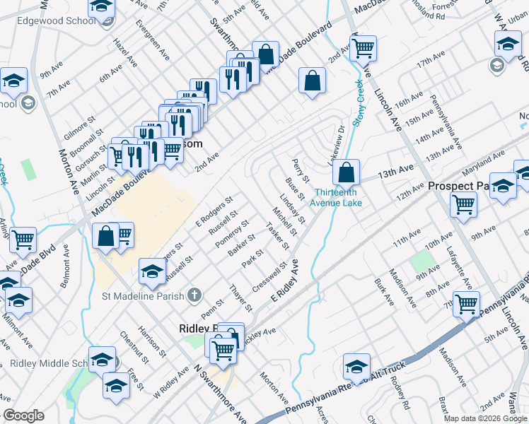 map of restaurants, bars, coffee shops, grocery stores, and more near 500 Tasker Street in Ridley Park