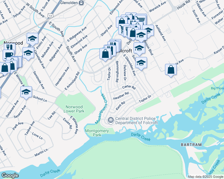 map of restaurants, bars, coffee shops, grocery stores, and more near 2020 Carter Road in Folcroft