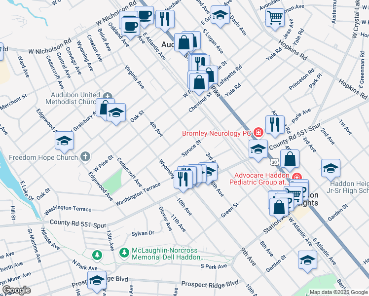 map of restaurants, bars, coffee shops, grocery stores, and more near 223 Spruce Street in Audubon