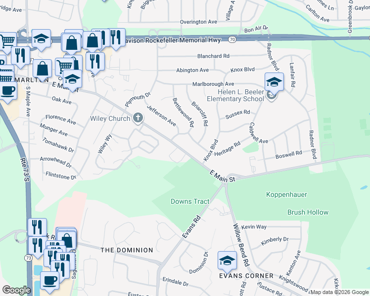 map of restaurants, bars, coffee shops, grocery stores, and more near 122 East Main Street in Evesham Township