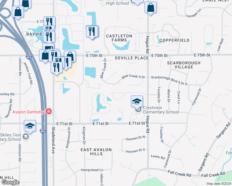 map of restaurants, bars, coffee shops, grocery stores, and more near 7431 sedgewick Way in Indianapolis