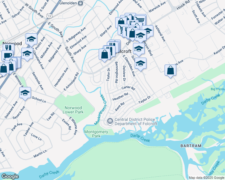 map of restaurants, bars, coffee shops, grocery stores, and more near 2014 Carter Road in Folcroft